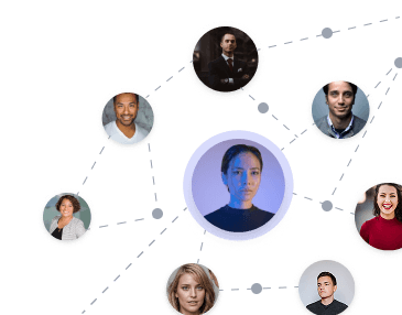 Network diagram showing a central profile connected to investors, people and organizations
